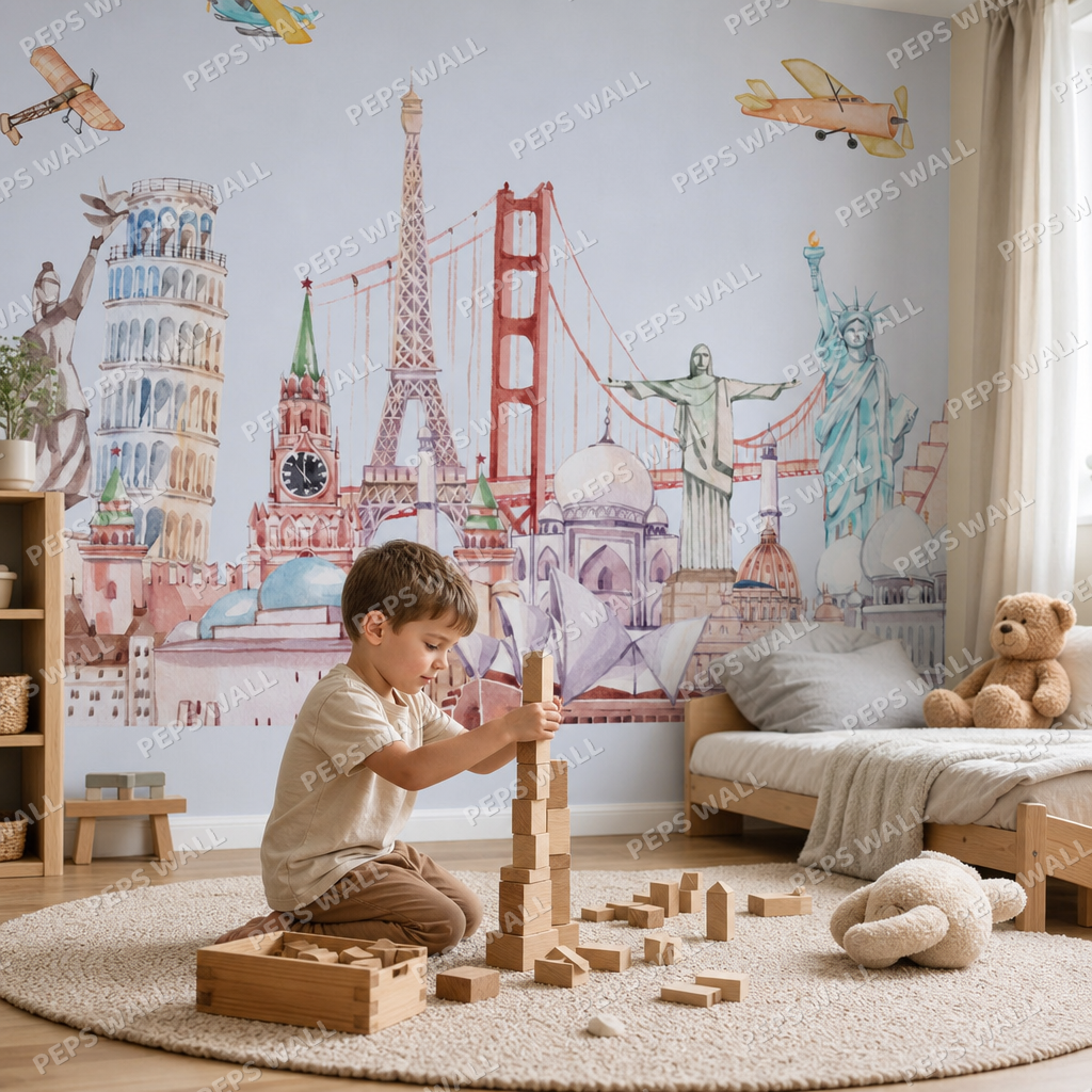 Landmarks - Blue kids room wallpaper - custom mural printed and installed in Dubai