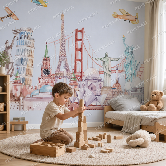 Landmarks - Blue kids room wallpaper - custom mural printed and installed in Dubai