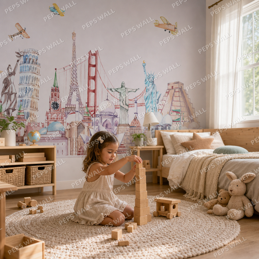 Landmarks - Pink kids room wallpaper - custom mural printed and installed in Dubai