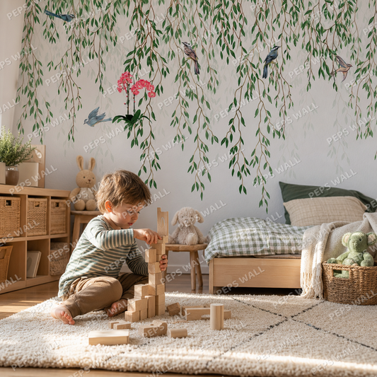 Leaves & Birds kids room wallpaper - custom mural printed and installed in Dubai