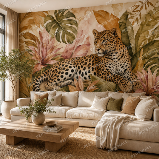 Leopard in the Leaves wallpaper in a Dubai living room - Peps Wall