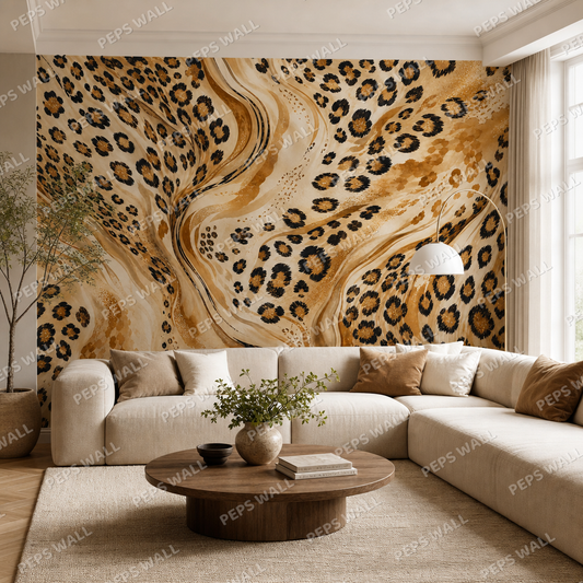 Leopard Luxe wallpaper in a Dubai living room - Peps Wall