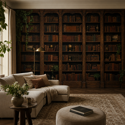 Library Wall living room wallpaper - custom mural printed and installed in Dubai