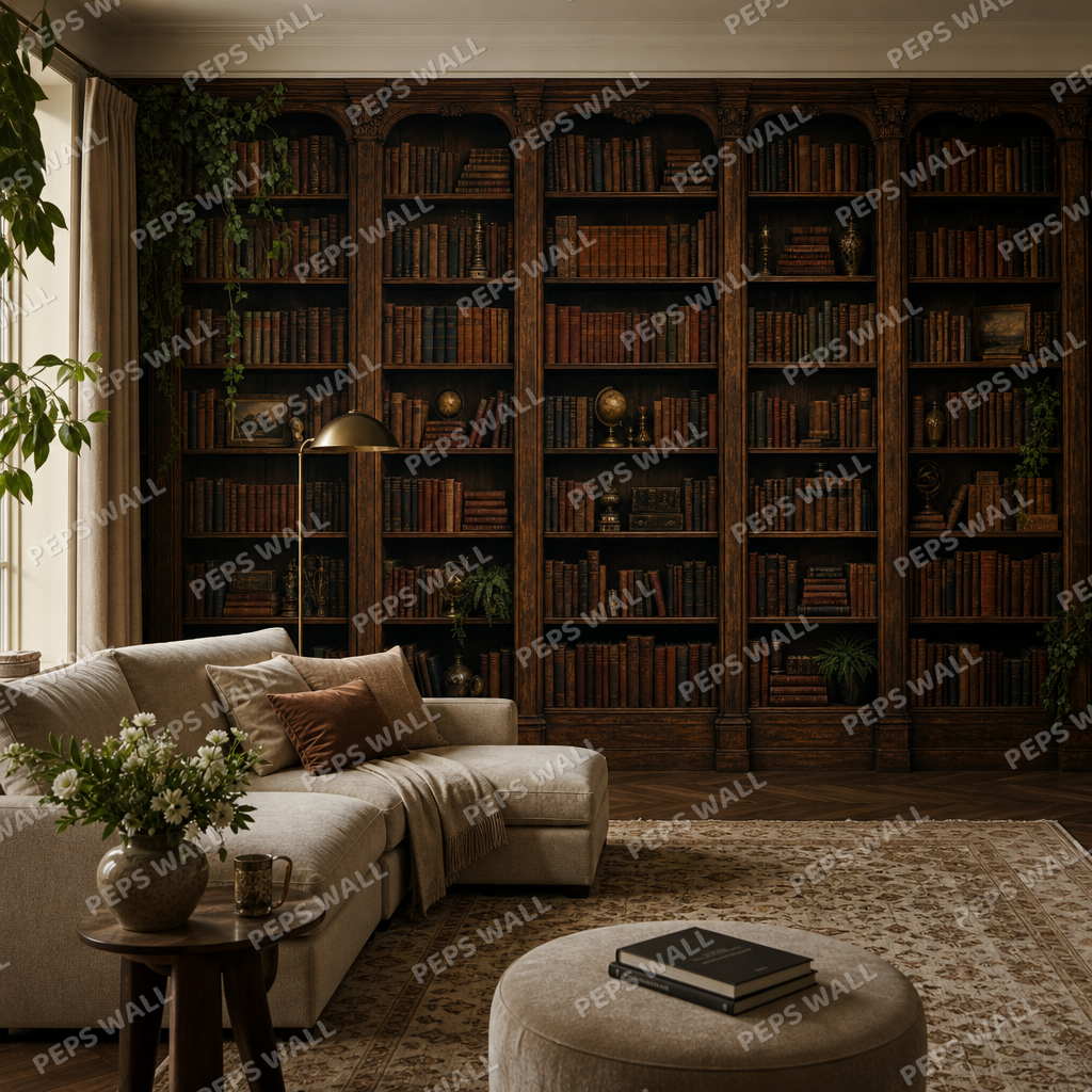 Library Wall living room wallpaper - custom mural printed and installed in Dubai