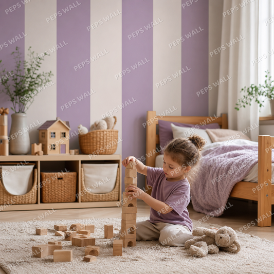 Lilac Stripe Cabana kids room wallpaper - custom mural printed and installed in Dubai