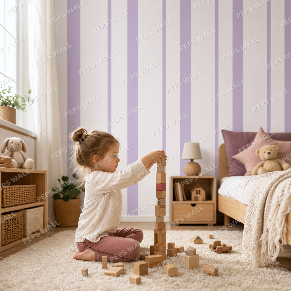 Lilac Stripe Rhythm kids room wallpaper - custom mural printed and installed in Dubai