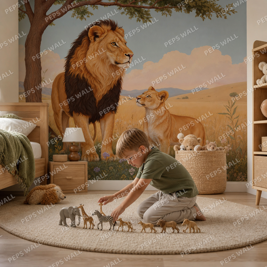 Lion & Cub kids room wallpaper - custom mural printed and installed in Dubai