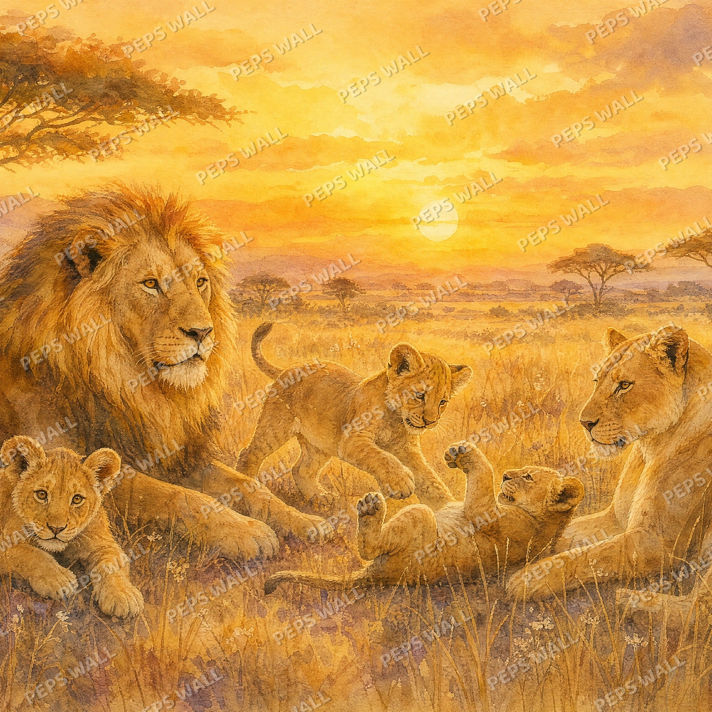 Lion's Golden Savanna - Watercolor wallpaper design