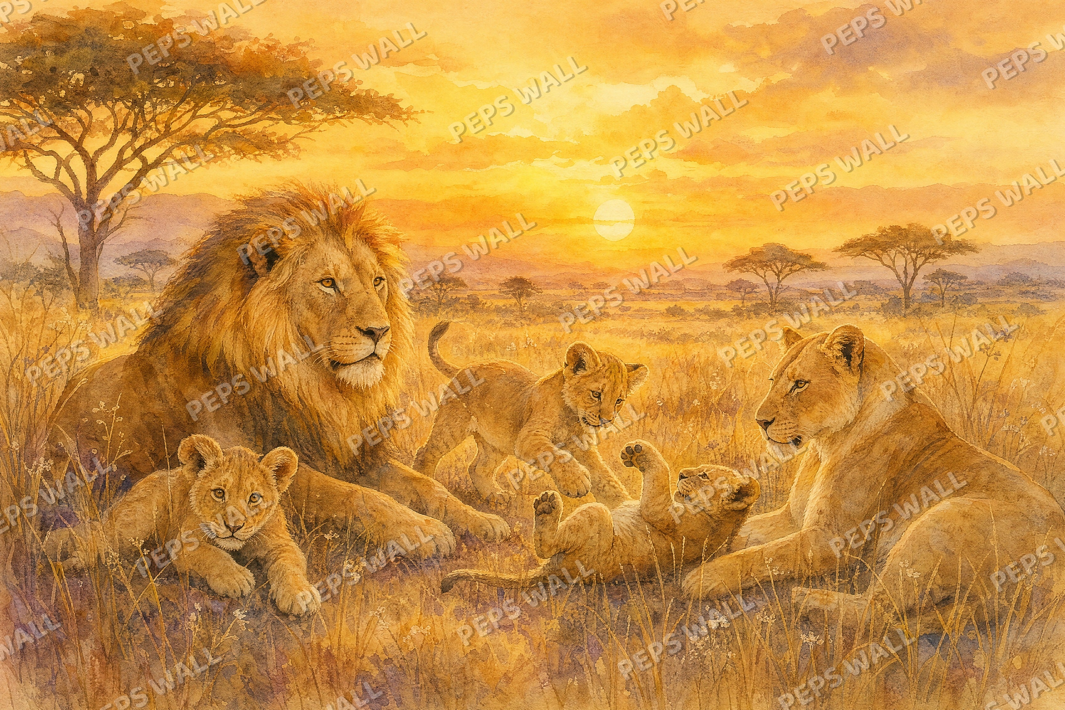 Lion's Golden Savanna - Watercolor full wall mural design
