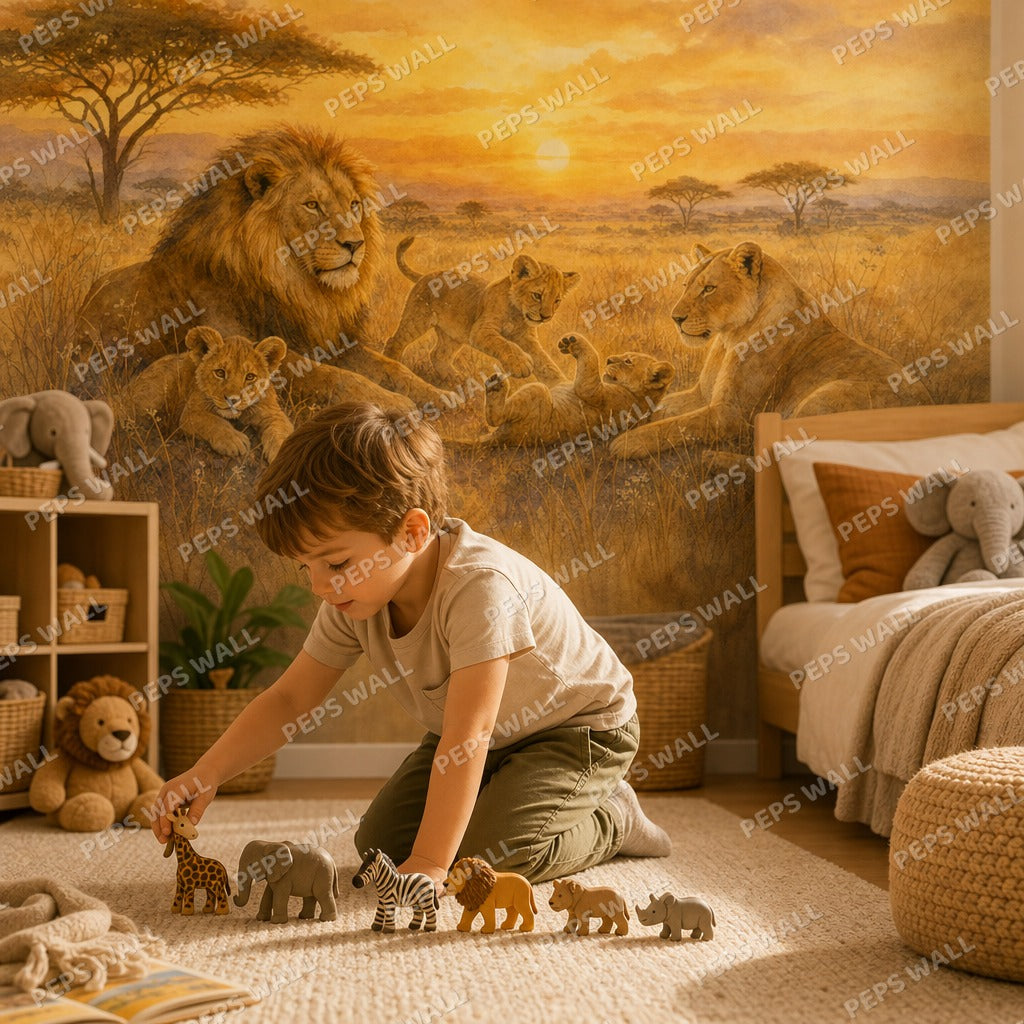 Lion's Golden Savanna - Watercolor wallpaper mural — kids room mockup