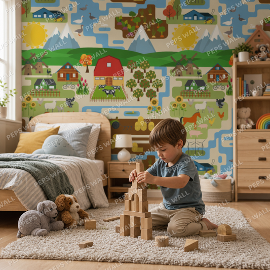 Little Farm kids room wallpaper - custom mural printed and installed in Dubai