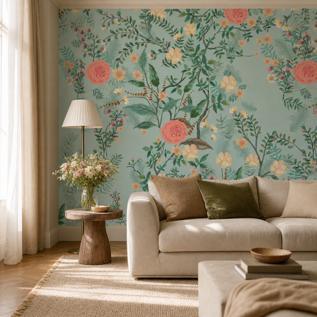 Little swallows living room wallpaper - custom mural printed and installed in Dubai
