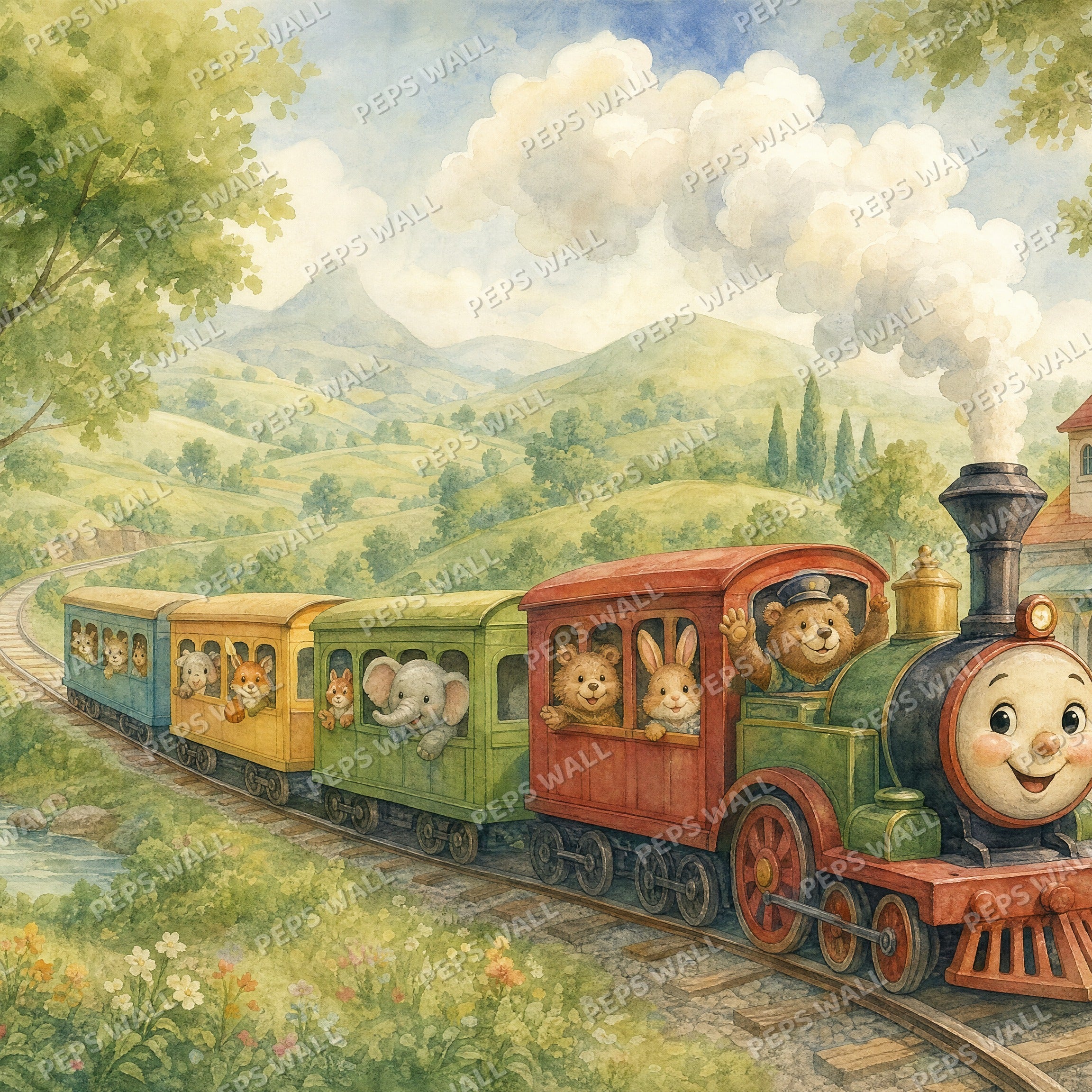 Little Train Journey - Watercolor wallpaper design