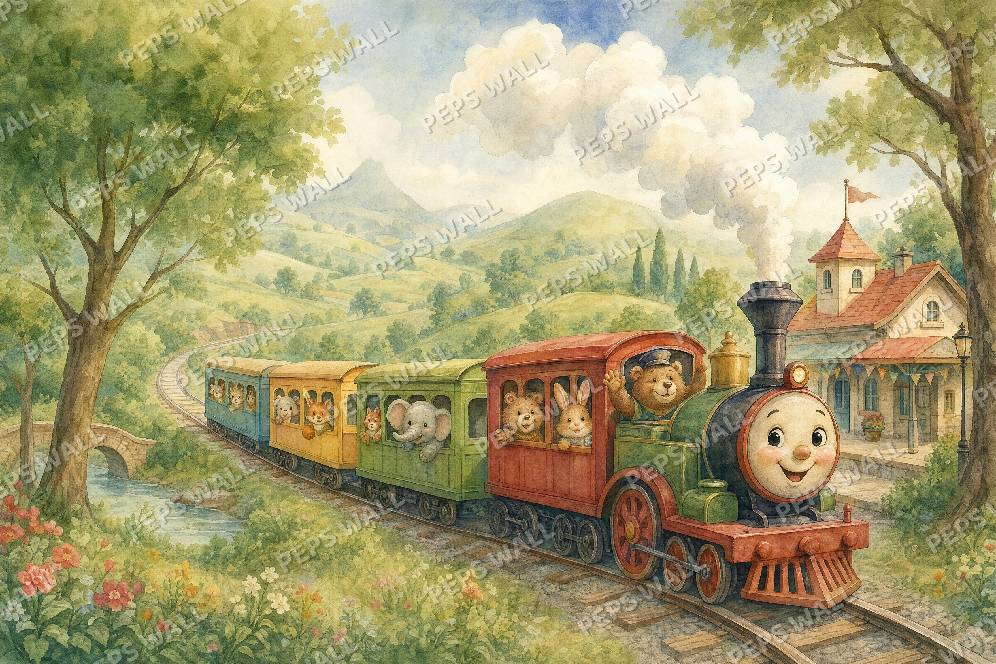 Little Train Journey - Watercolor full wall mural design