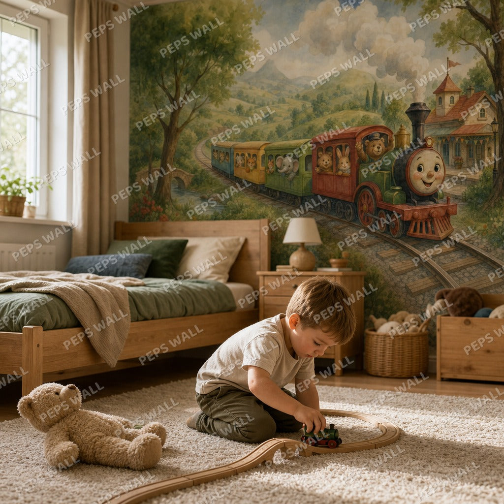 Little Train Journey - Watercolor wallpaper mural — kids room mockup