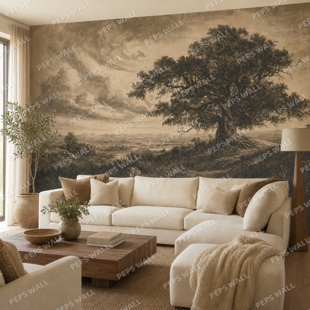 Lone Oak wallpaper in a Dubai living room - Peps Wall