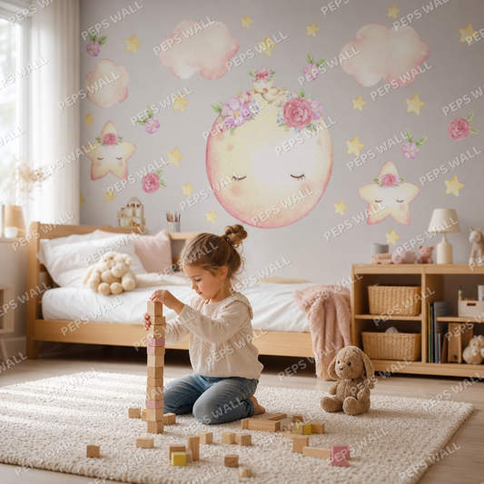 Luna kids room wallpaper - custom mural printed and installed in Dubai