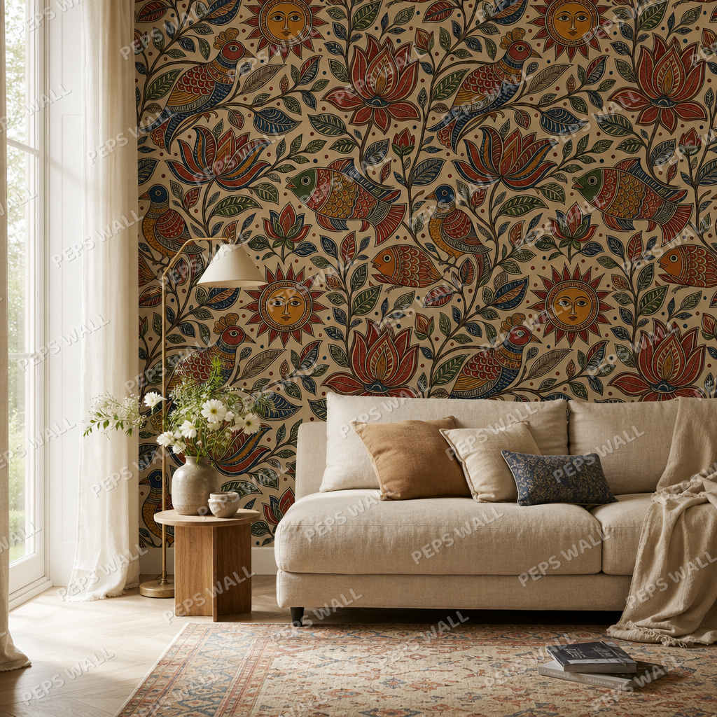 Madhubani Folk Pattern living room wallpaper - custom mural printed and installed in Dubai