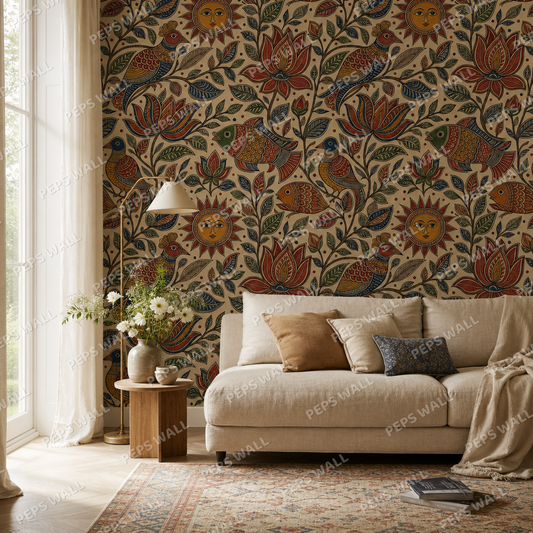 Madhubani Folk Pattern living room wallpaper - custom mural printed and installed in Dubai