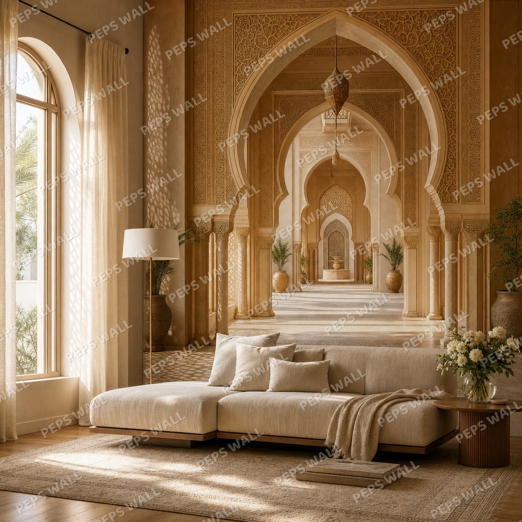 Majlis Arches - Arabesque wallpaper mural — living room mockup