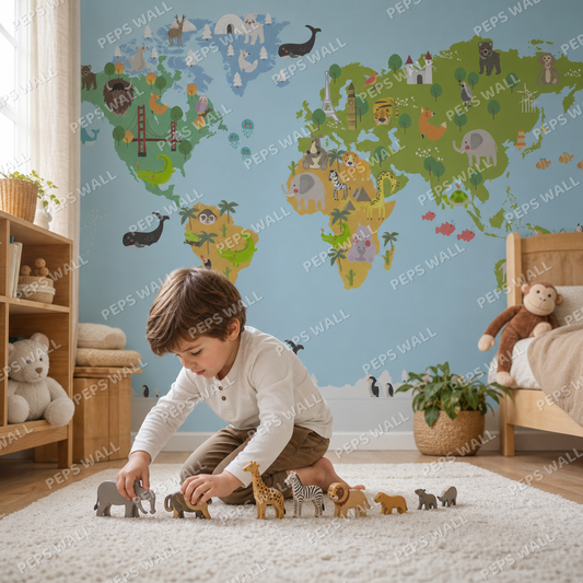 Maps, animals & whales kids room wallpaper - custom mural printed and installed in Dubai