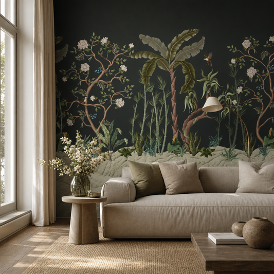 Meadow Croft living room wallpaper - custom mural printed and installed in Dubai