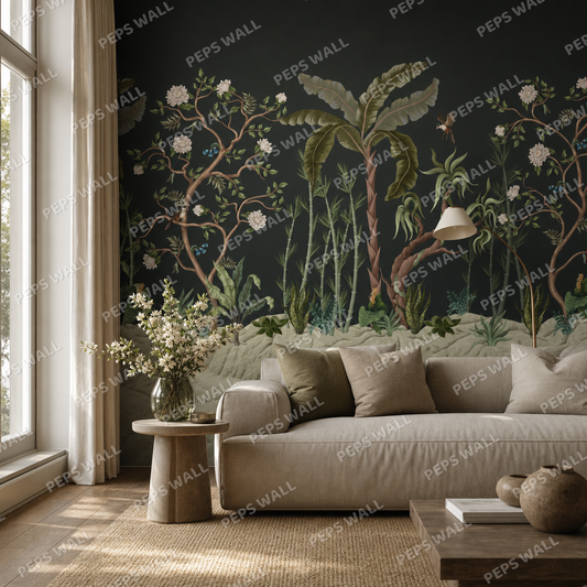 Meadow Croft living room wallpaper - custom mural printed and installed in Dubai