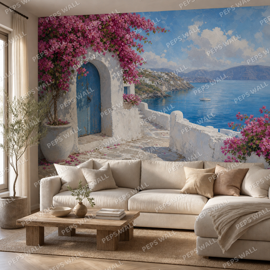 Mediterranean Cove wallpaper in a Dubai living room - Peps Wall