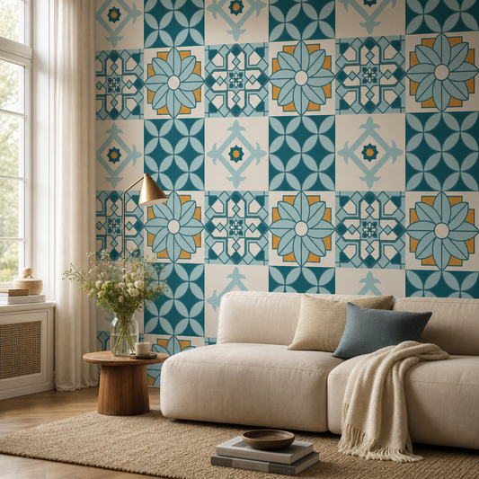 Meknes living room wallpaper - custom mural printed and installed in Dubai
