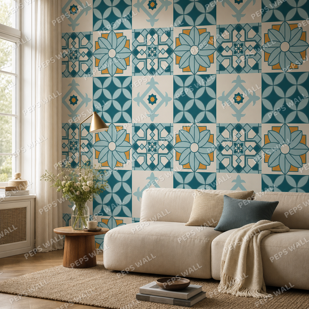 Meknes living room wallpaper - custom mural printed and installed in Dubai