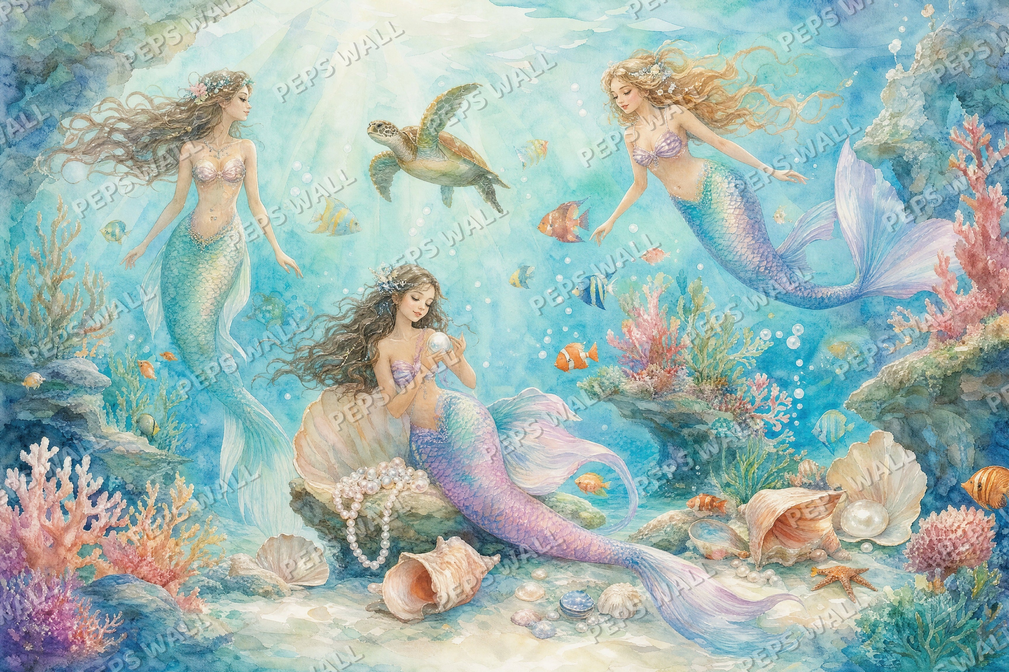 Mermaid Lagoon - Watercolor full wall mural design