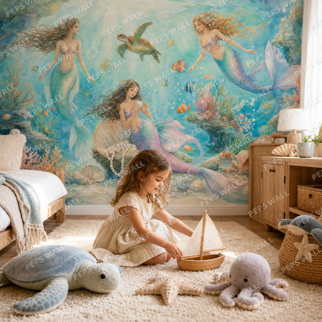 Mermaid Lagoon - Watercolor wallpaper mural — kids room mockup