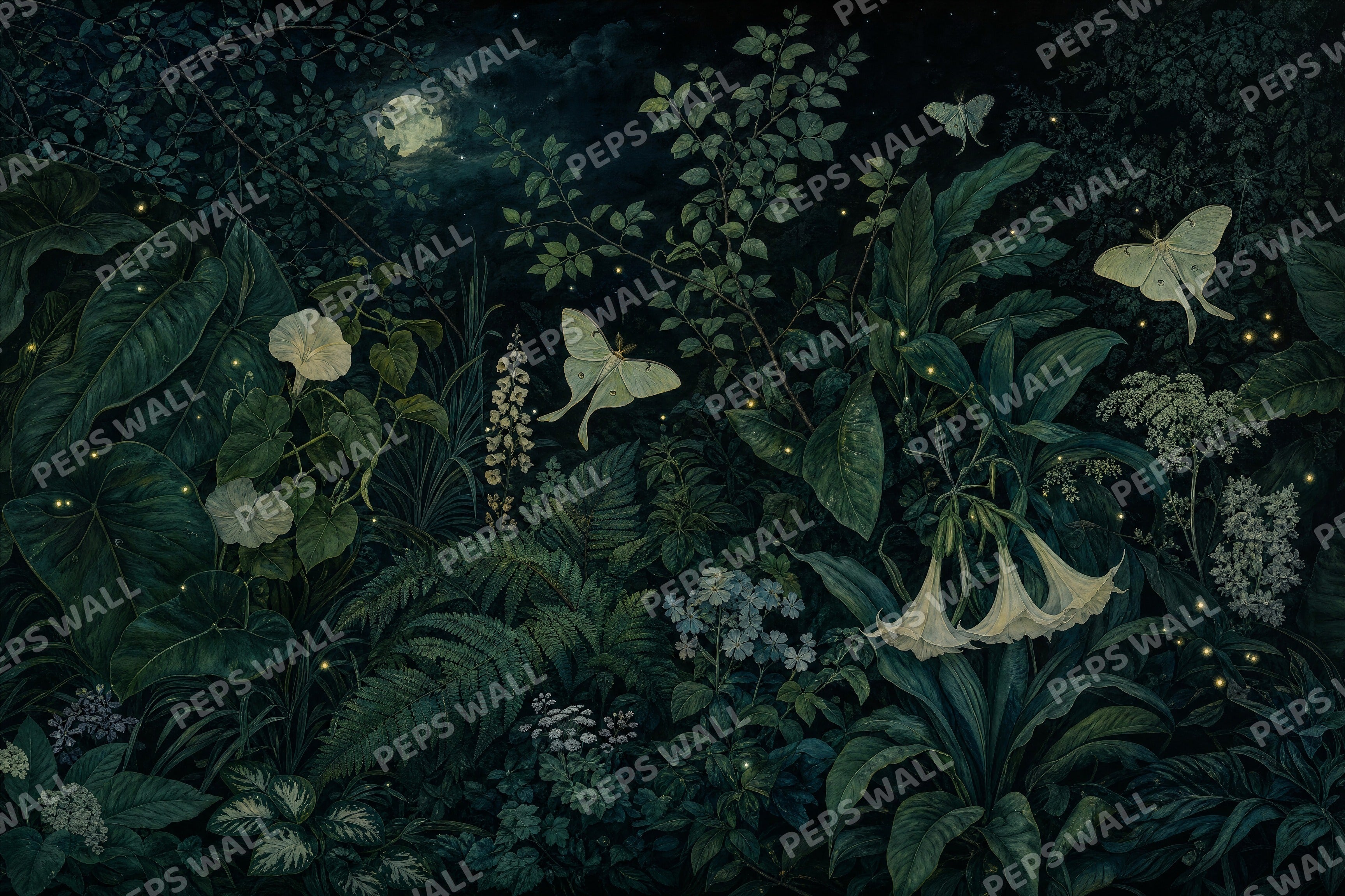 Midnight Garden - Dark Botanical full wall mural design