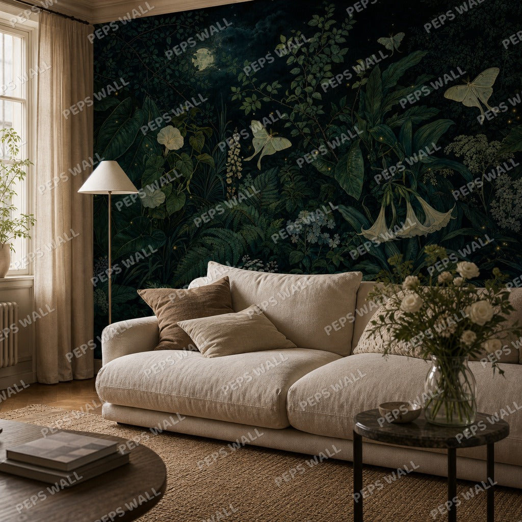 Midnight Garden - Dark Botanical wallpaper mural — living room mockup