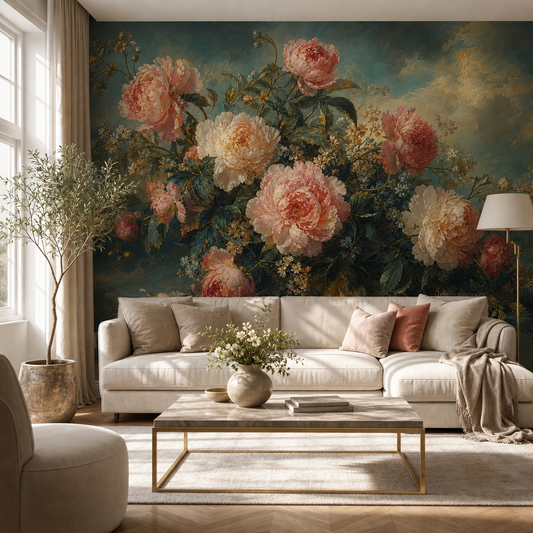 Dusk Peonies wallpaper in a Dubai living room - Peps Wall