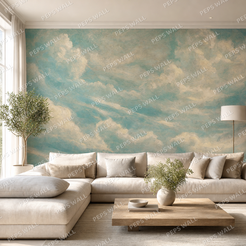 Retro Clouds Mint wallpaper in a Dubai living room - Peps Wall