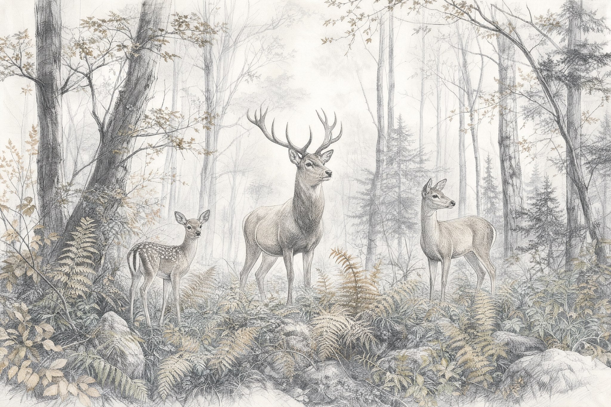 Misty Deer Woodland - Pencil