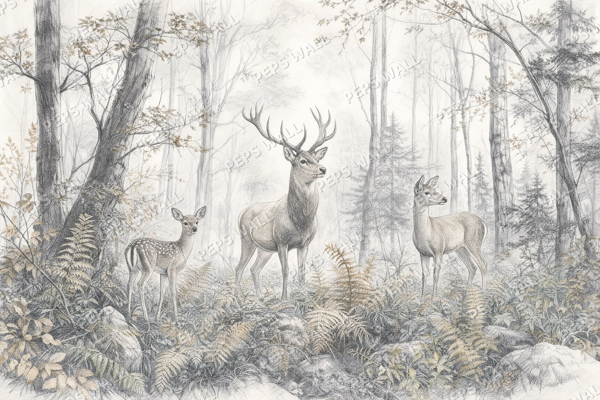 Misty Deer Woodland - Pencil