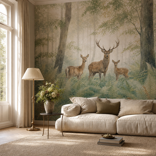 Misty Deer Woodland - Watercolor living room wallpaper - custom mural printed and installed in Dubai