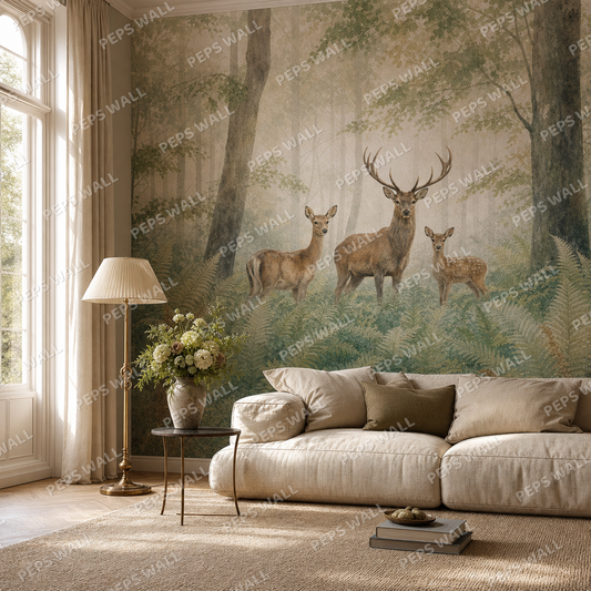 Misty Deer Woodland - Watercolor living room wallpaper - custom mural printed and installed in Dubai