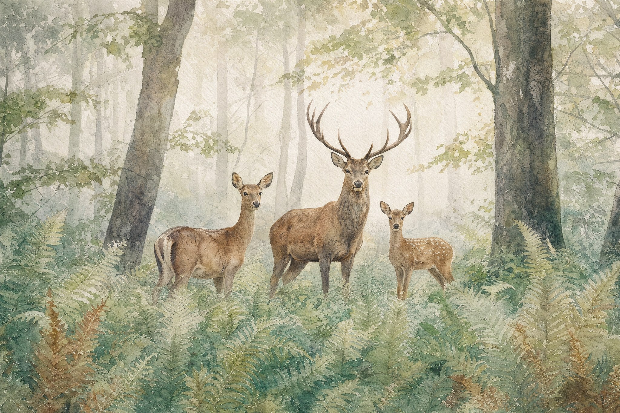 Misty Deer Woodland - Watercolor
