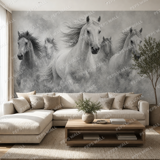 Horses in the Mist wallpaper in a Dubai living room - Peps Wall