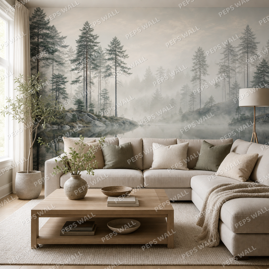 Pines in the Mist wallpaper in a Dubai living room - Peps Wall