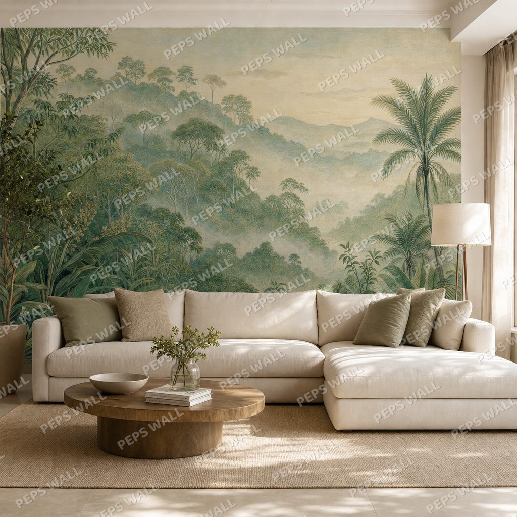 Misty Rainforest wallpaper in a Dubai living room - Peps Wall