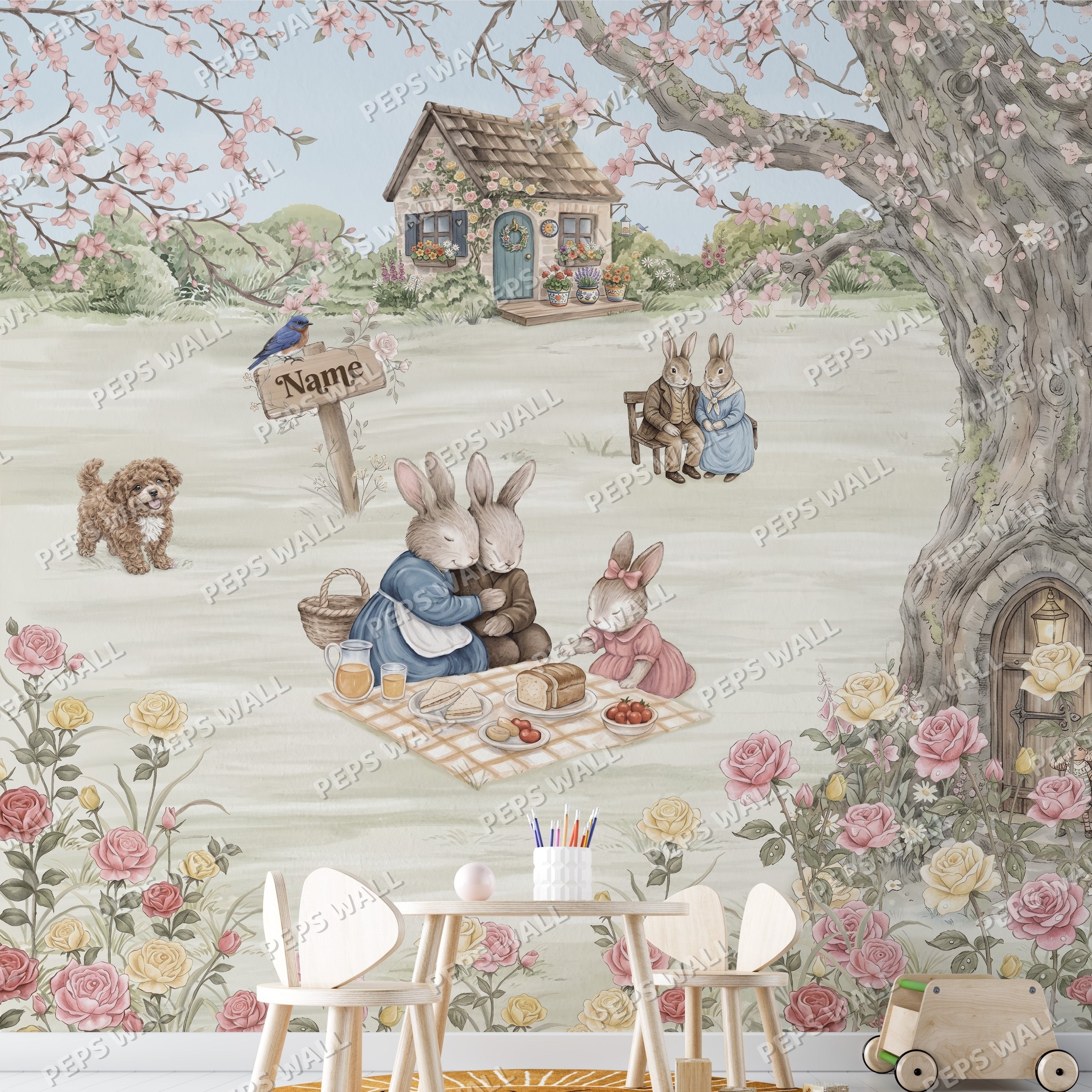 Bunny Picnic — kids animal wallpaper Dubai, Peps Wall