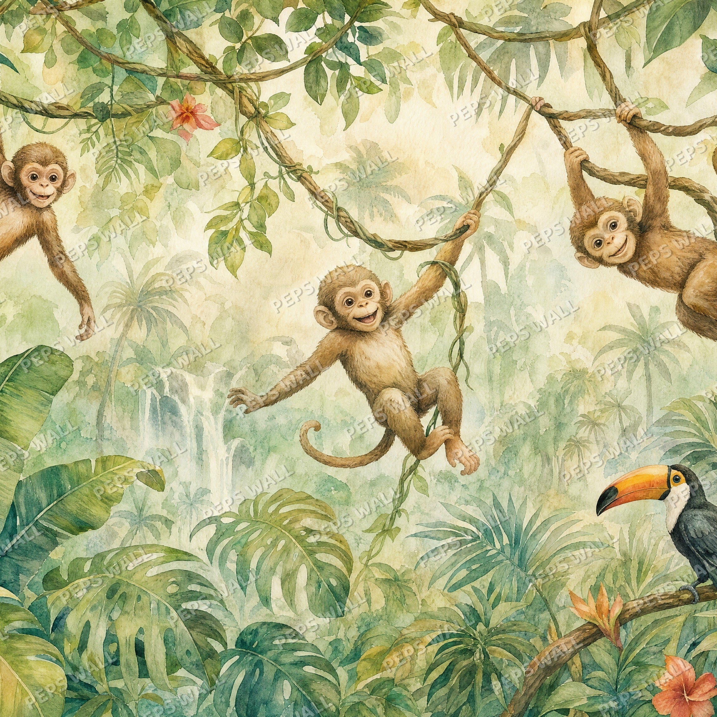 Monkey Jungle Play - Watercolor wallpaper design