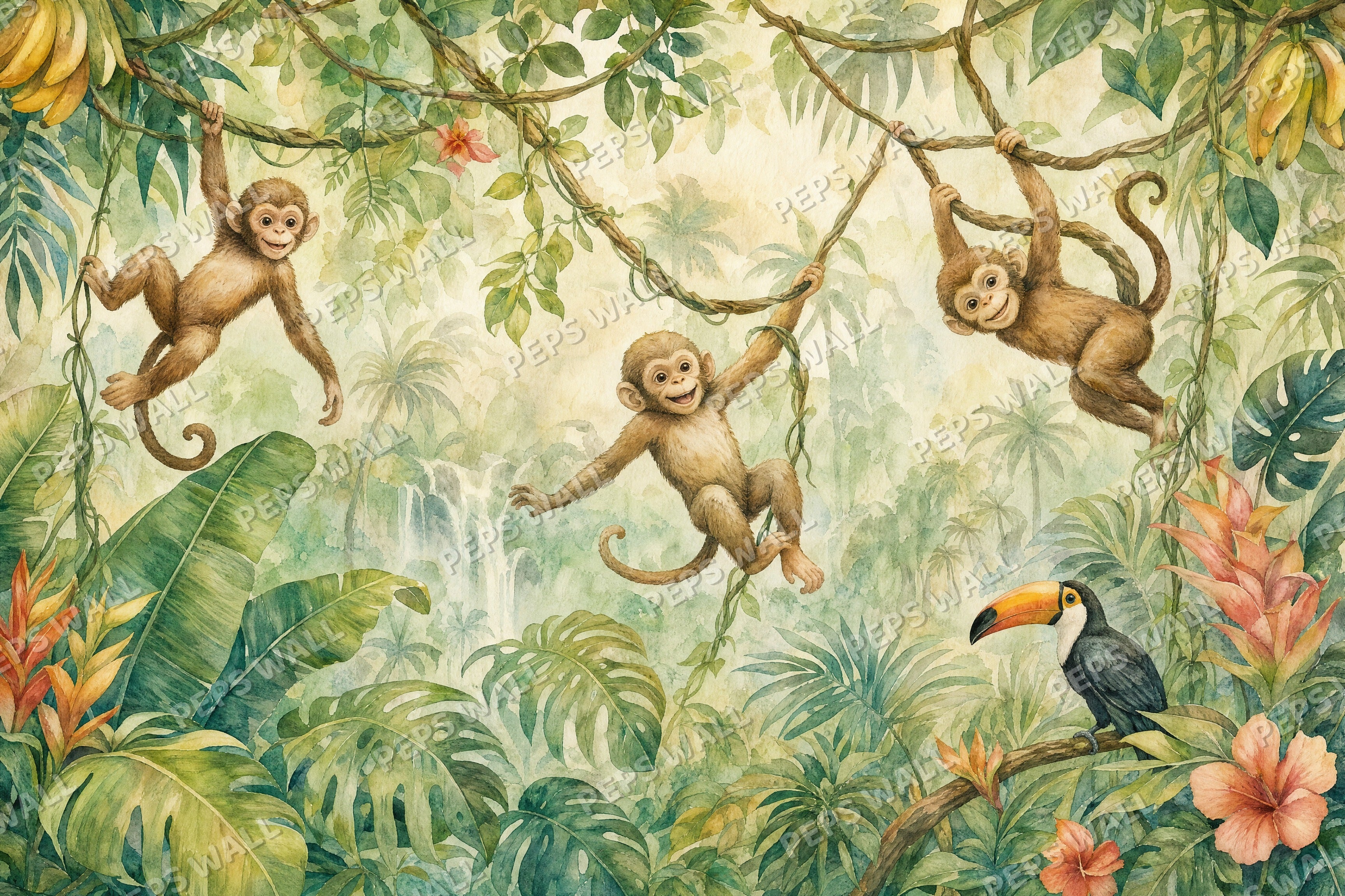 Monkey Jungle Play - Watercolor full wall mural design