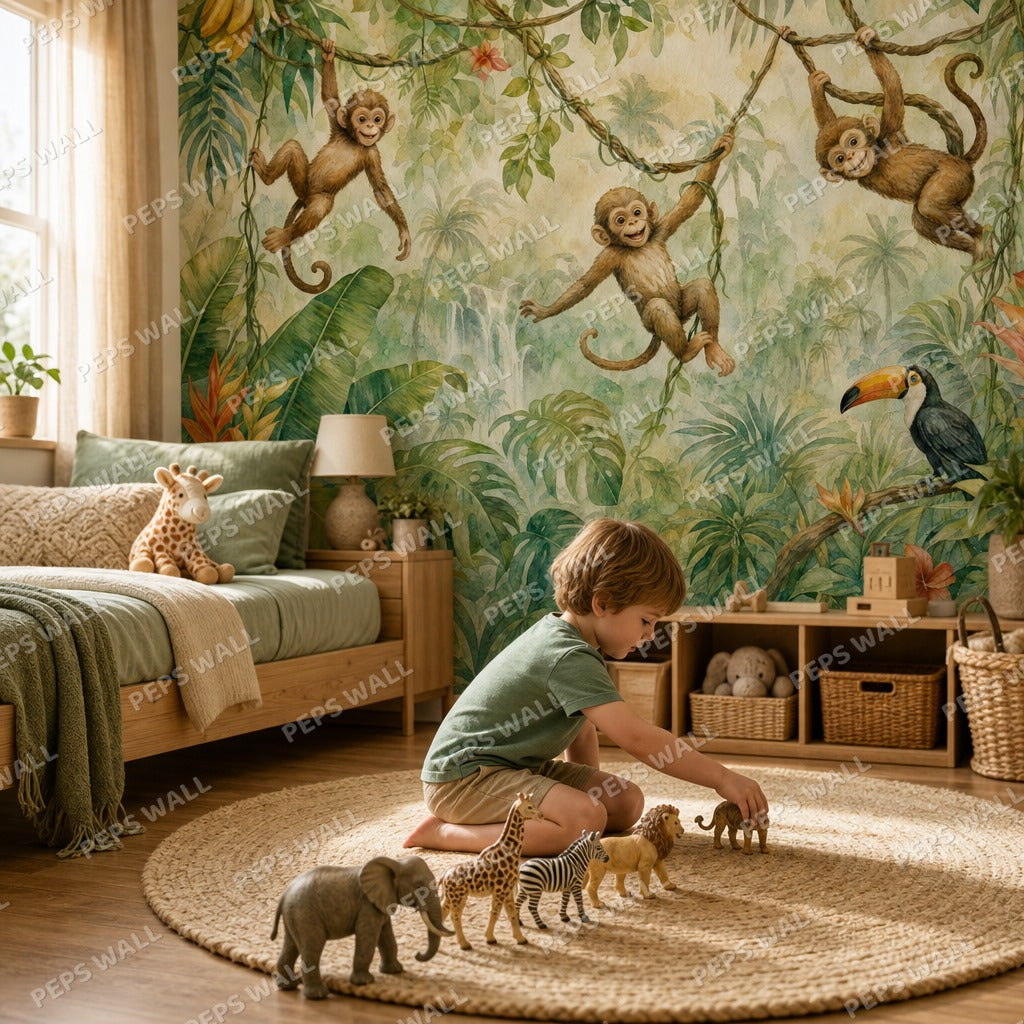 Monkey Jungle Play - Watercolor wallpaper mural — kids room mockup
