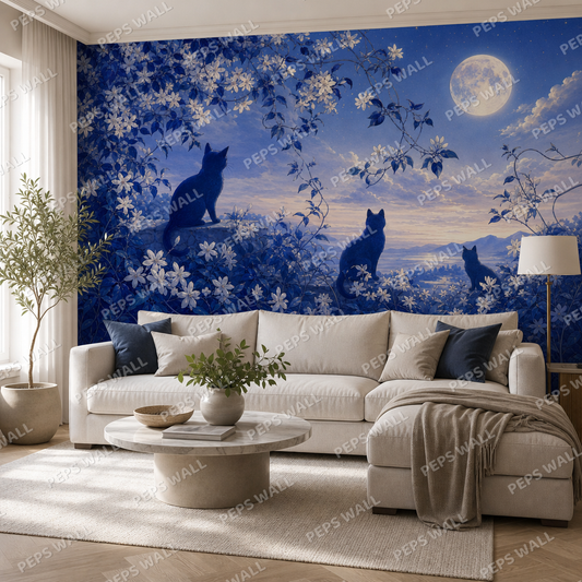 Twilight Cat Garden wallpaper in a Dubai living room - Peps Wall
