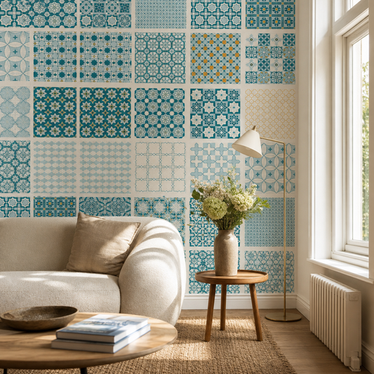 Moroccan Patterns living room wallpaper - custom mural printed and installed in Dubai
